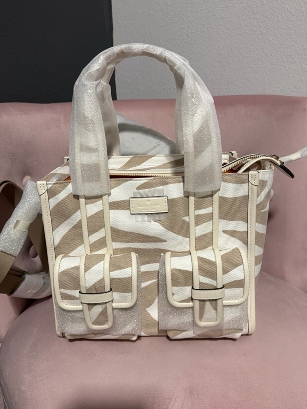 kate spade Beige and White Zebra-Print Canvas Tote